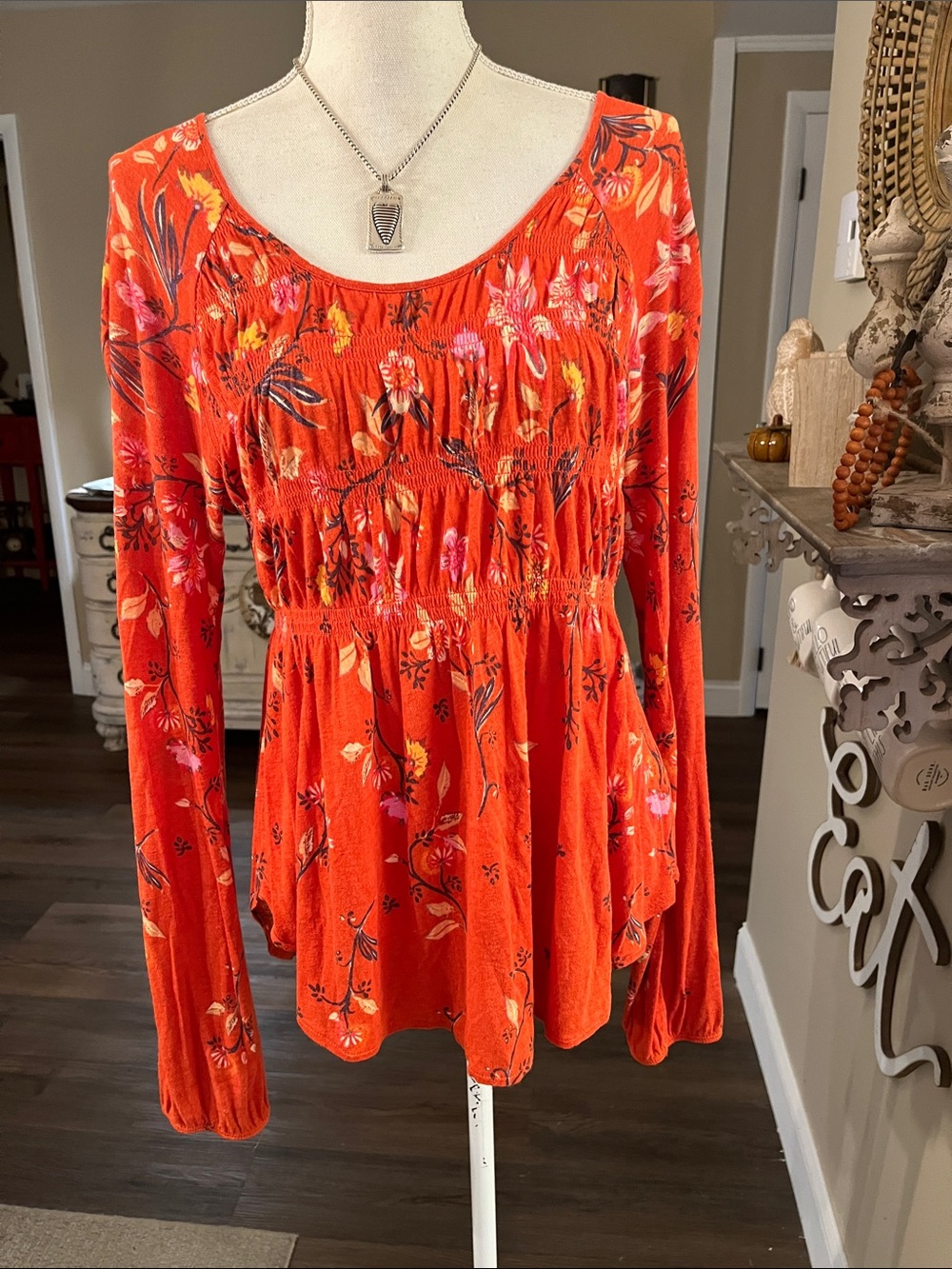 Free People Orange Floral Smocked Waist Long-Sleeve Tunic
